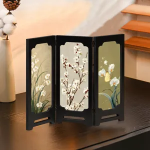Mini wooden folding screen desktop detail view, Chinese vintage floral art ornament