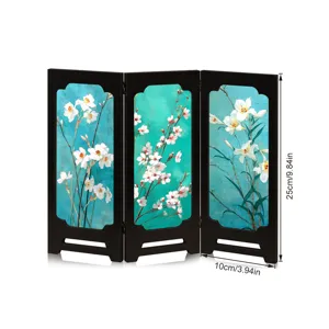 Detailed view of miniature 3-panel wooden folding screen with vintage floral art desktop decor.