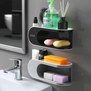 Double Layer Soap Dish Holder Punch Free Wall Mounted Draining Bathroom Soap Holder Storage Rack With Hooks