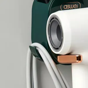 Wall-mounted hair dryer holder bathroom organizer storage rack with cord storage slot.