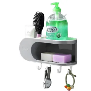 Double layer wall mounted bathroom soap holder and storage shelf with drainage and hooks