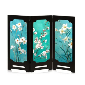 Detail view of the Chinese style miniature decorative screen featuring vibrant floral art prints.