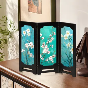 Miniature wooden desktop screen divider with floral art, vintage Chinese decor accent.