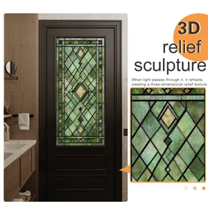 Close-up detail of 3D relief stained glass window film showing textured geometric pattern.