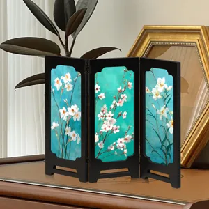 Detailed close-up view of the vintage Chinese style miniature folding screen with delicate floral art.