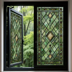 3D stained glass window film green geometric privacy decorative window sticker for home.