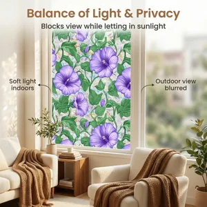 Decorative static window film with elegant purple floral design, privacy protection.