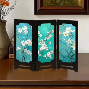 Chinese style mini tabletop folding screen decor, vintage desktop ornament for home office.