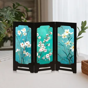 Miniature wooden folding screen with floral art, Chinese style desktop decor for home or office.