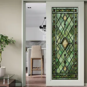 Green geometric 3D stained glass window sticker for home sliding door decoration and privacy film.