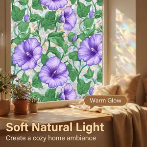 Cozy window scene detail showing purple floral static cling privacy glass sticker in sunlight.