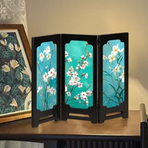 Vintage Chinese style mini folding screen tabletop decoration, exquisite floral pattern detail.