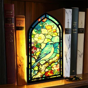Inserto per libreria con angolo libro in vetro colorato con arco gotico uccello blu decoro