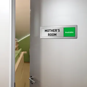 Sliding door status sign detail display, mother room occupancy indicator plate, metal plaque.