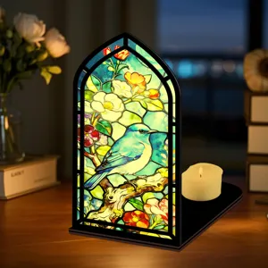 Inserto book nook in vetro colorato con uccello azzurro e fiori, elegante decorazione.
