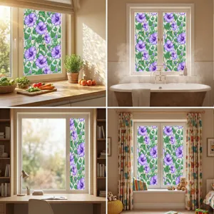 Static window privacy film with purple flower pattern, decorative glass sticker for home.