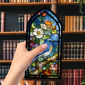 Inserto per fermalibri in vetrata artistica con uccellino blu e fiori per decorazione.
