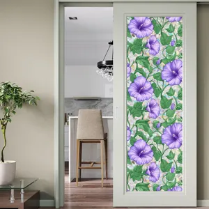 Static window film decorative glass sticker with purple floral design for home privacy.