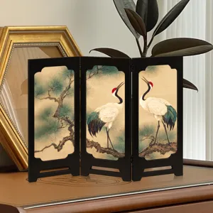 Exquisite details of the vintage Chinese style mini folding screen tabletop decor with crane and pine.