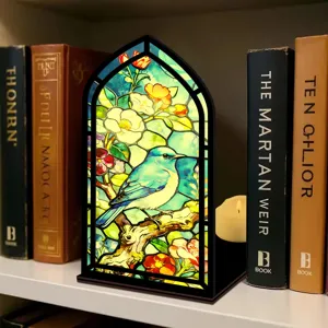 Ferma libri in vetro colorato inserto scaffale con uccellino blu e fiori per decoro.