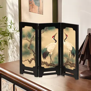 Traditional Chinese style tabletop folding screen featuring elegant crane and pine tree art.