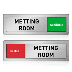 Sliding door sign for meeting rooms, brushed metal office status indicator with green and red.