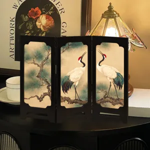 Detailed view of Chinese retro style mini tabletop folding screen with elegant crane art.