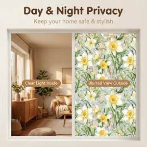 Daffodil window privacy film detail, static cling decorative glass sticker for home decor.
