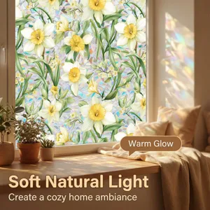 Decorative window film with floral daffodil pattern, static cling glass sticker for home.