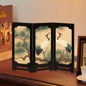 Mini Chinese style folding screen desktop decoration with vintage crane pine tree art