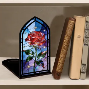 Fermalibri rosa in vetrata arco gotico supporto decorativo per scaffale libreria casa.