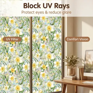 Floral window privacy film with daffodil pattern, static cling decorative glass sticker.