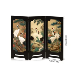Traditional Chinese style mini folding screen desktop decoration with crane and pine design.