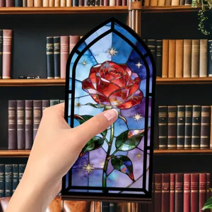 Inserto fermalibri rosa in vetrata, decorazione mensola arco gotico con sfondo notte stellata.