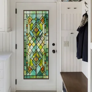 Stained glass window film detail showcasing geometric art deco design on white door.