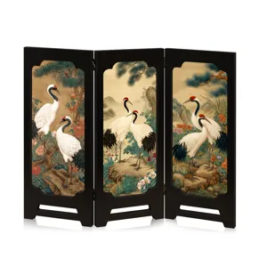 Tabletop wooden folding screen featuring traditional Chinese crane and pine tree art decor.