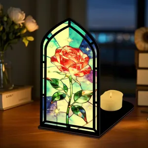 Fermalibri rosa in vetrata artistica book nook con candela LED per scaffale, arco gotico.