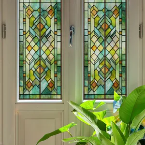 Decorative window glass film with geometric stained glass pattern, ideal for home and office privacy.