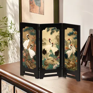 Mini Chinese style folding screen decorative desktop ornament featuring elegant crane art.