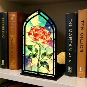 Inserto per libreria libro rosa in vetro colorato con luce calda per decorare scaffali.