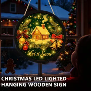 Christmas LED lighted hanging wooden sign, rustic holiday home decor with warm lights.