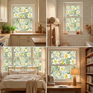 Static cling window film with beautiful yellow daffodil flower pattern for privacy and decor.