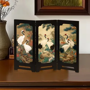 Vintage Chinese style mini wooden screen desktop ornament with classic crane and pine art.
