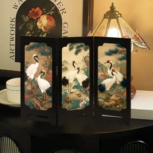 Miniature Chinese folding screen desktop ornament with vintage red-crowned crane art decor.