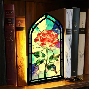 Inserto libreria con rosa in vetro colorato e luce LED calda per decorazione scaffale