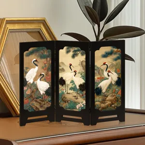 Miniature Chinese style folding screen desktop decor vintage crane pine tree ornament.