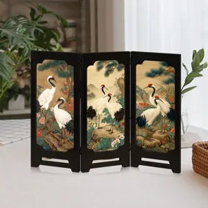 Mini wooden desktop folding screen traditional Chinese red crowned crane art decor home