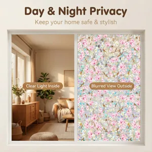 Decorative floral static window film, glue-free glass sticker for home privacy and style.