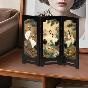Chinese style miniature folding screen desktop ornament vintage crane art home decor gift