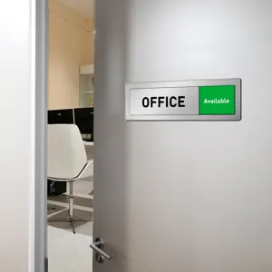Office sliding door status sign, metal adjustable room availability indicator plaque.